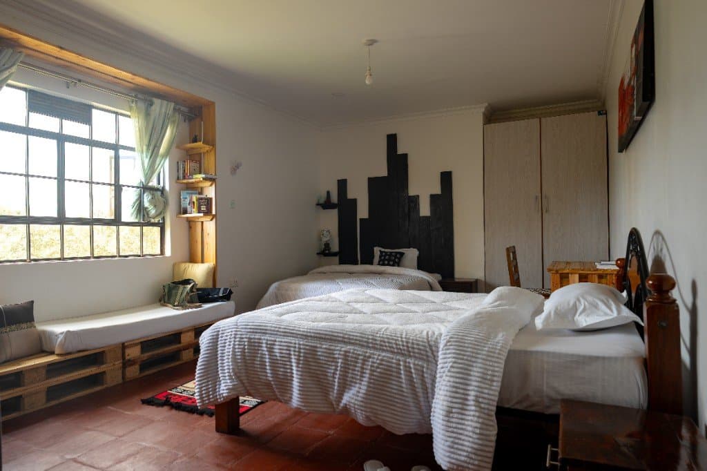 Zebra room at Wadich — bright suite with striped bedding, window seat, and wooden feature wall